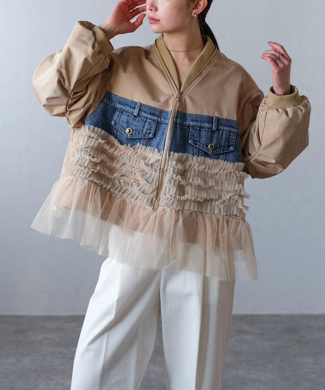 チュールフリル デニム切替MA-1