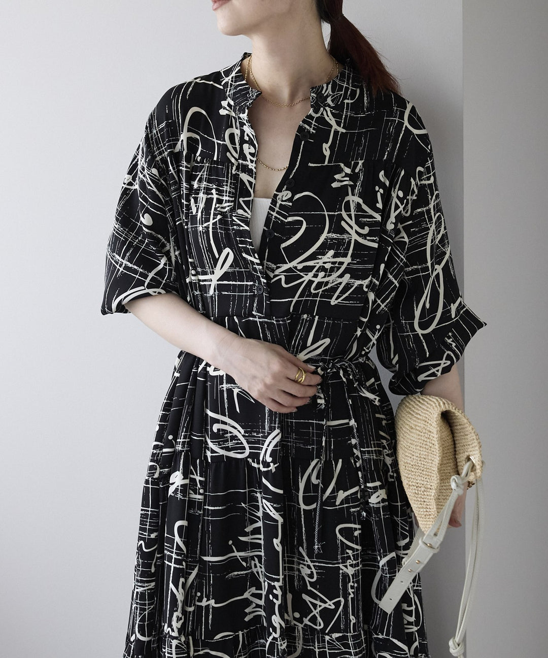 総柄ロングシャツワンピース