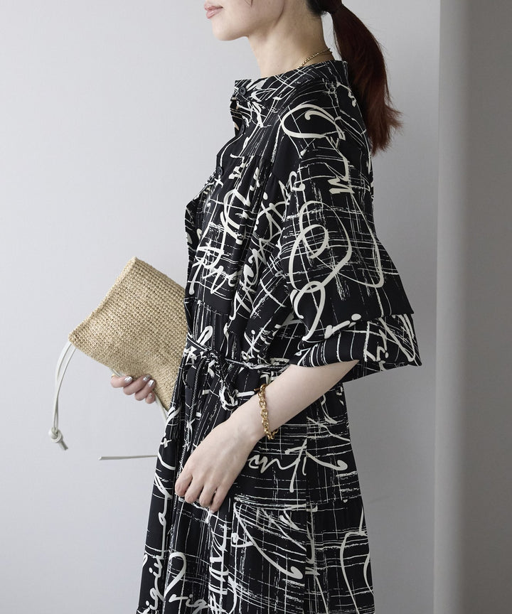 総柄ロングシャツワンピース