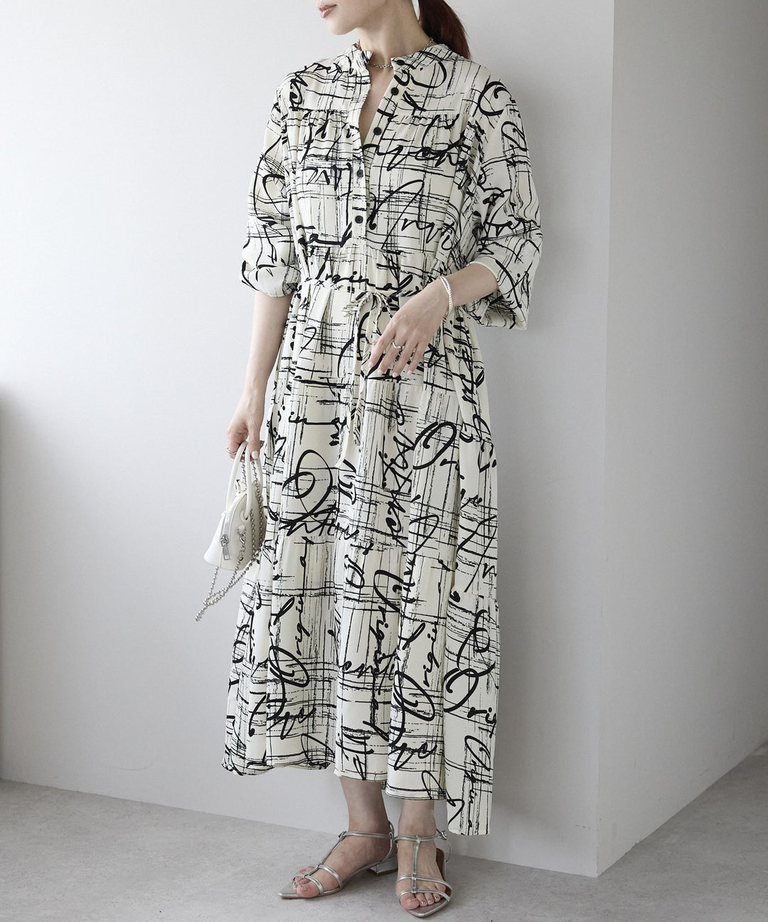 総柄ロングシャツワンピース