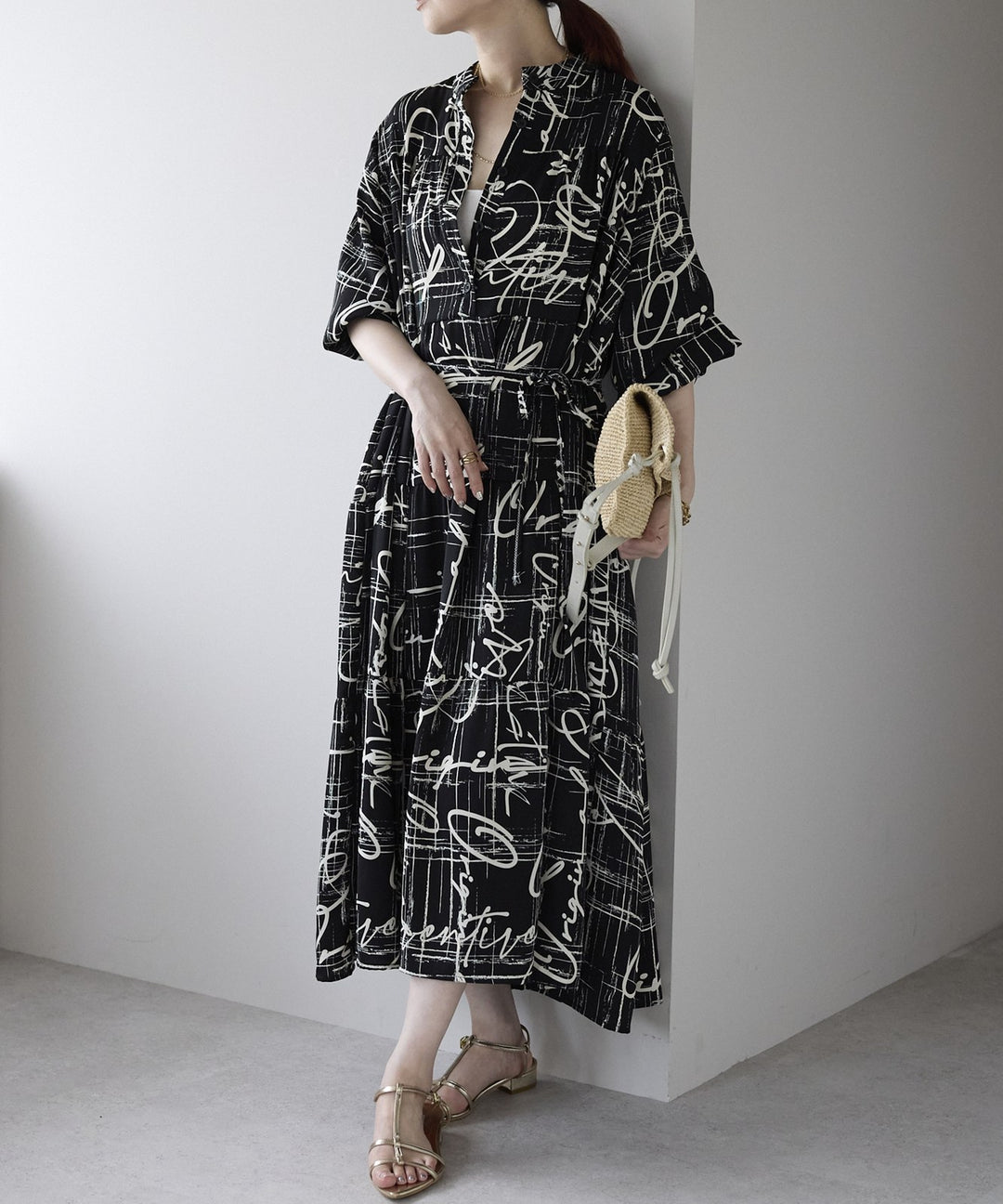 総柄ロングシャツワンピース