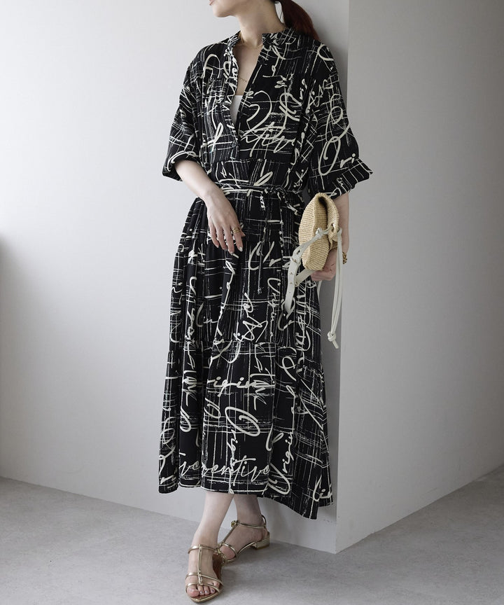 総柄ロングシャツワンピース